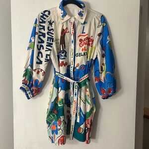 Bold Graphic Print Shirt Dress – Belted Long Sleeve Collared Dress